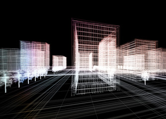 Mega city, wireframe technique, original 3d rendering