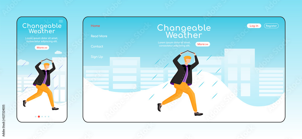 Poster changeable weather landing page flat color vector template. mobile display. man in jacket homepage l