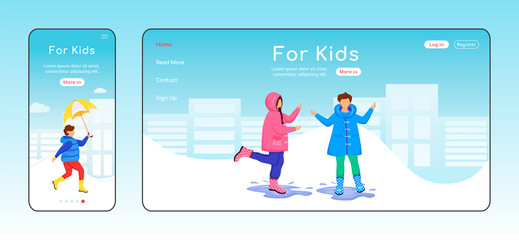 For kids landing page flat color vector template. Mobile display. Children in raincoats homepage layout. Rainy day one page website interface, cartoon characters. Kids in puddles web banner, webpage