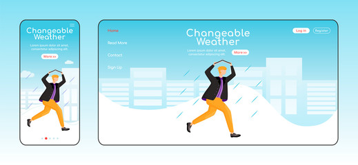 Changeable weather landing page flat color vector template. Mobile display. Man in jacket homepage layout. Rainy weather one page website interface with cartoon character. Running guy banner, webpage