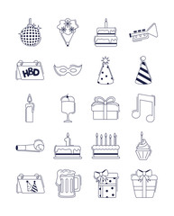 Obraz premium happy birthday, decoration event festive celebration party icon set line style