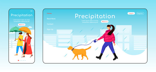 Precipitation landing page flat color vector template. Mobile display. Lady walking dog homepage layout. Rainy day one page website interface, cartoon character. Wet weather web banner, webpage