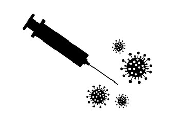 Vector illustration of virus with syringe on white background. Symbol of vaccine disease and coronavirus.