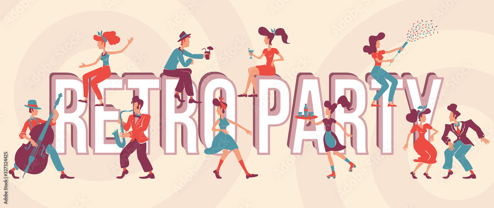 Poster retro party word concepts flat vector banner. old fashioned 40s style. isolated typography with tiny