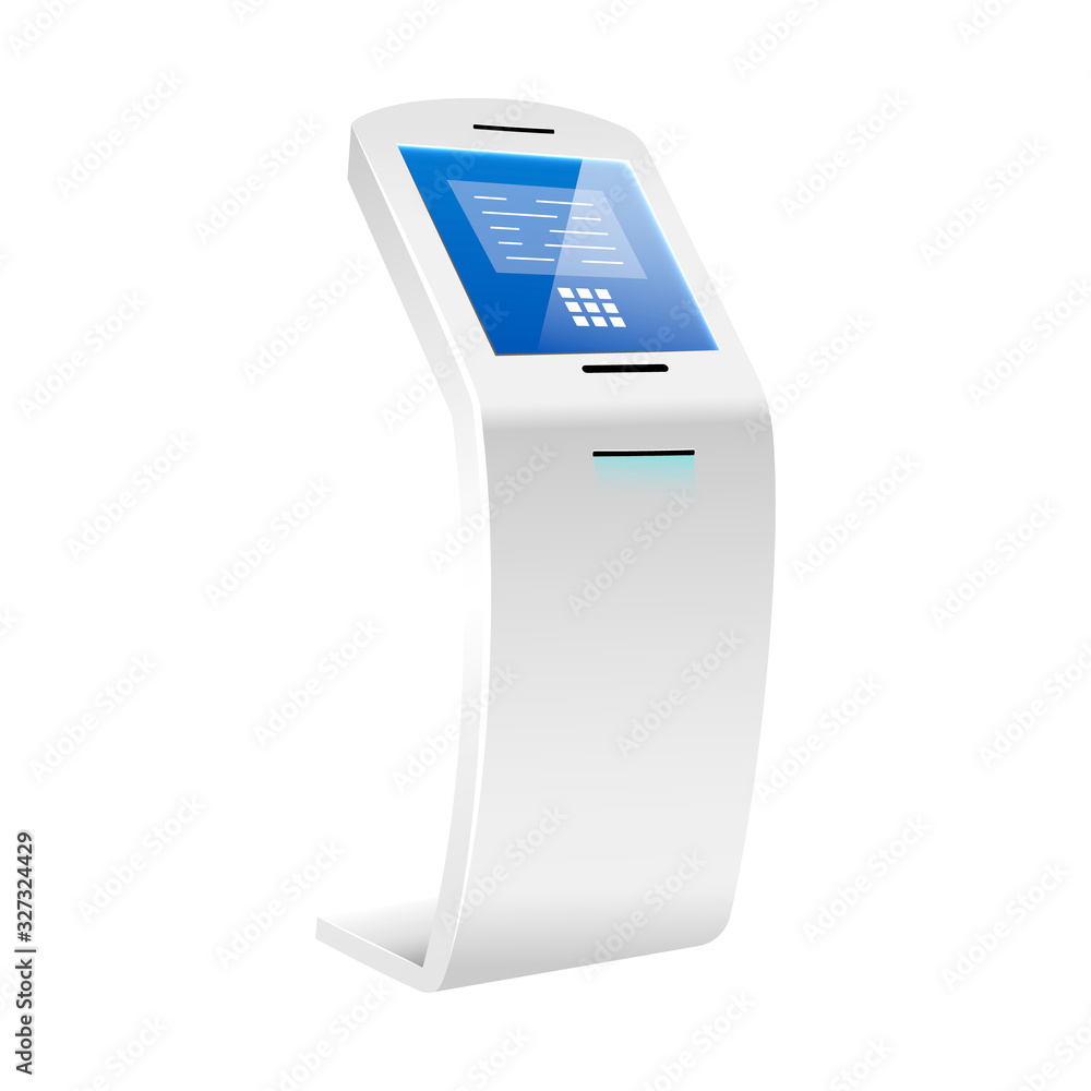 Poster automated teller machine realistic vector illustration. self service financial kiosk flat color obje
