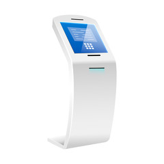 Automated teller machine realistic vector illustration. Self service financial kiosk flat color object. Bank terminal with sensor display isolated on white background. Interactive electronic equipment