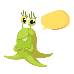 Smiling extraterrestrial flat cartoon vector illustration. Cute alien. Ready to use 2d character template for commercial, animation, printing design. Isolated comic hero with empty speech bubble