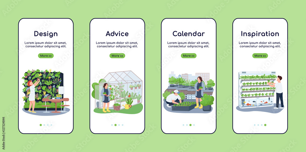 Aufkleber landscape design onboarding mobile app screen flat vector template. gardener advice and calendar. wa