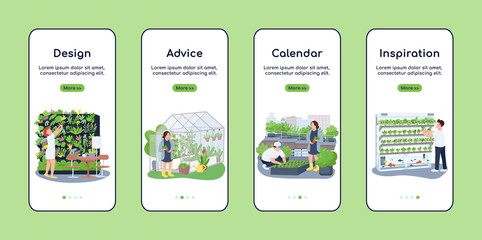 Landscape design onboarding mobile app screen flat vector template. Gardener advice and calendar. Walkthrough website steps with characters. UX, UI, GUI smartphone cartoon interface, case prints set