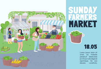 Sunday farmers market banner flat vector template. Brochure, poster concept design with cartoon characters. Eco friendly products fair, trade event horizontal flyer, leaflet with place for text