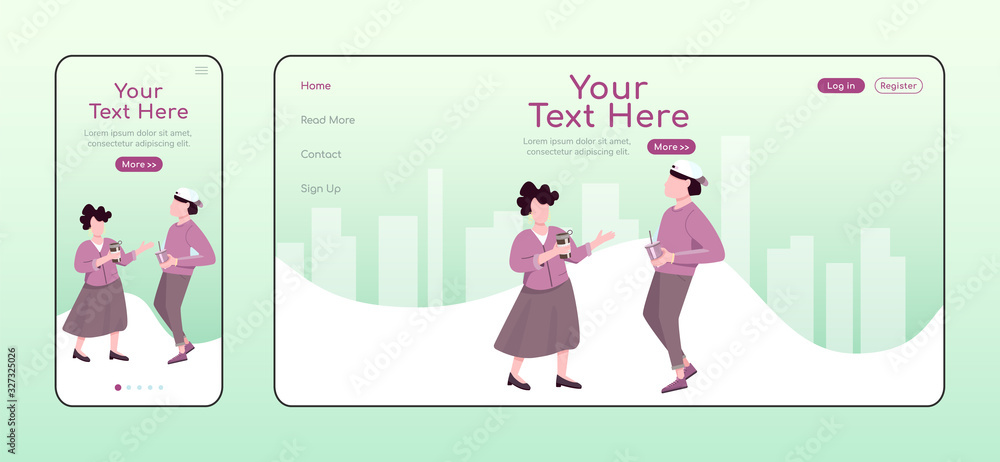 Poster zero waste alternatives adaptive landing page flat color vector template. lifestyle with reusable an