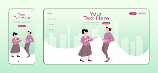 Fototapeta premium Zero waste alternatives adaptive landing page flat color vector template. Lifestyle with reusable and recyclable items mobile and PC homepage layout, one page website UI Webpage cross platform design