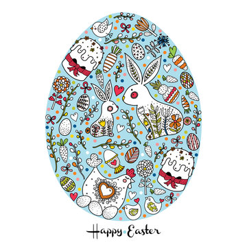 Decorative Easter card with Easter egg. Rabbits, flowers, chicken, chickens and polka dots.