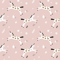 Seamless pattern with modern unicorns and stars, space constellations. Beautiful wall art wrapping paper or cloth texture with repeated contour ornate animals. Patterned horses in Scandinavian style. 