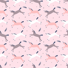 Seamless pattern with modern unicorns and stars, space constellations. Beautiful wall art wrapping paper or cloth texture with repeated contour ornate animals. Patterned horses in Scandinavian style. 