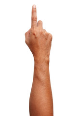 Male Asian hand gestures isolated over the white background. Pointing Visual Touch Action.