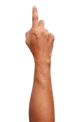 Male Asian hand gestures isolated over the white background. Pointing Visual Touch Action.