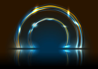 Blue yellow neon laser circles with reflection. Abstract flowing rings technology background. Futuristic glowing electric vector design