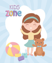 kids zone, cute little girl blocks ball and teddy bear toys