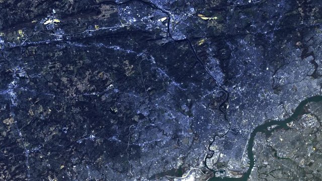 Pennsylvania landscape aerial satellite view sunrise animation Valley Forge area. Images furnished by Nasa