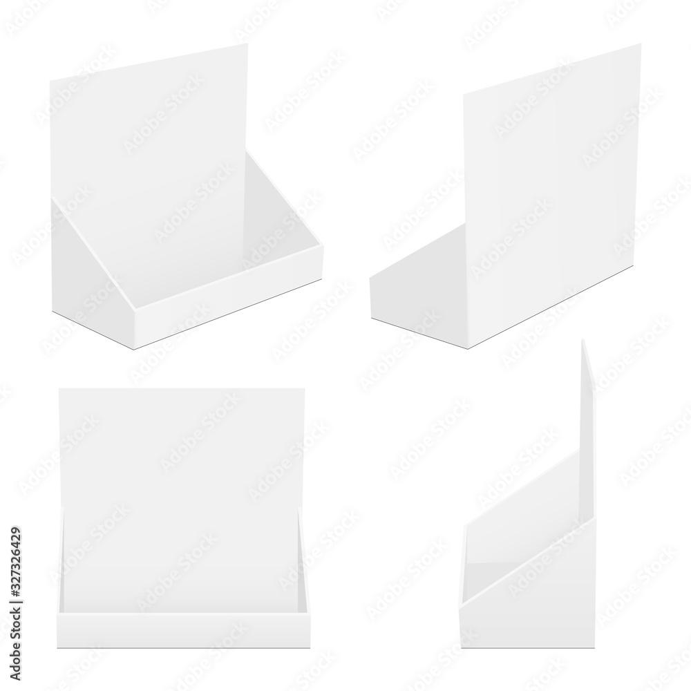 Poster set of cardboard counter display boxes mockups isolated on white background. vector illustration