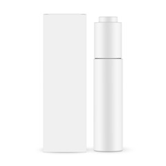 Cosmetic bottle with box mockup, front view, isolated on white background. Vector illustration
