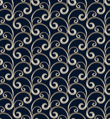 Vintage golden scroll pattern with floral swirls in rococo style. Elegant seamless ornamental texture on dark blue background