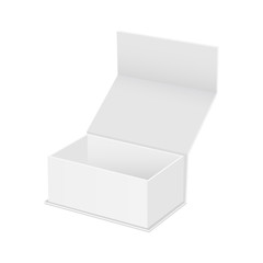 Blank square box with opened lid mockup, isolated on white background. Vector illustration