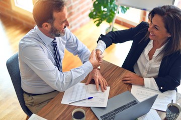Two middle age business workers smiling happy and confident. Working together with smile on face shaking hands at the office