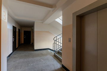 Russia, Moscow- November 04, 2019: interior room apartment public place, porch. doors, walls, corridors