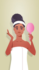 unhappy woman with acne problem looking in mirror dressed in towel african american girl worrying about her skin facial treatment concept portrait vertical vector illustration