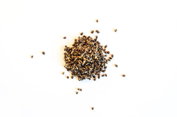 a pile of sprouted food hemp seeds isolated on a white background