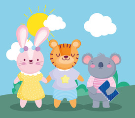 back to school, koala with book and tiger rabbit cartoon