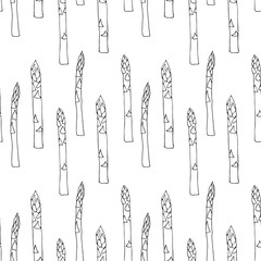 Seamless pattern with linear sketch raw asparagus. Vector illustration can be used for menu design.
