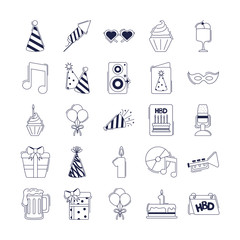 happy birthday, decoration event festive celebration party icon set line style