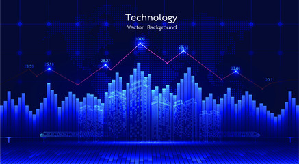 City background Financial graph on night city scape with tall buildings background double exposure. Economic growth graph chart. Vector illustration.