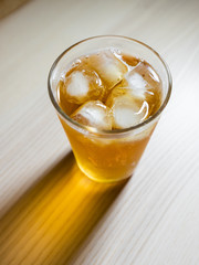 A glass of cold ice tea.