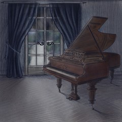Interior apartment. A beautiful old Grand piano in a room with a large window and blue curtains. Elegant atmosphere for a comfortable life.
Visualization, drawing, picture, sketch, illustration 3d.
