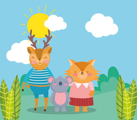 back to school, fox deer koala cartoon animals outdoors