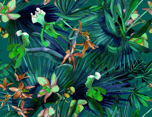 Tropical seamless pattern with tropical flowers, banana leaves.  Painted in watercolor on a white background.