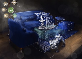The interior of the apartment.  Beautiful furniture in the room.  Elegant atmosphere for a comfortable life.  Visualization, drawing, picture, sketch, illustration 3d. 