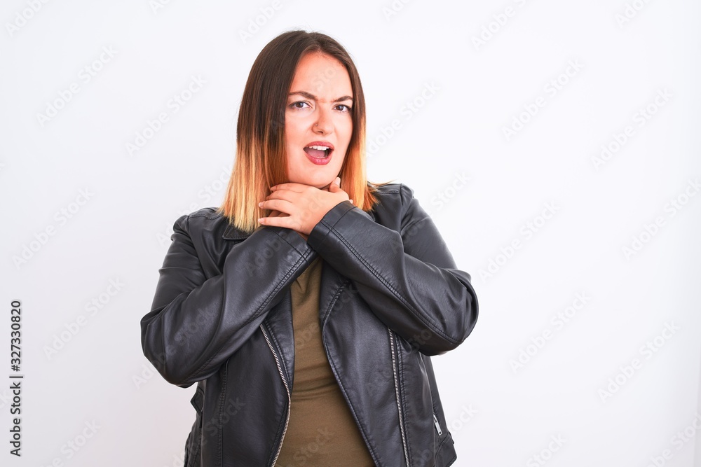 Sticker young beautiful woman wearing t-shirt and jacket standing over isolated white background shouting an