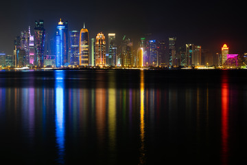 Vibrant Skyline of Doha at Night as seen from the opposite side of the capital city bay at night