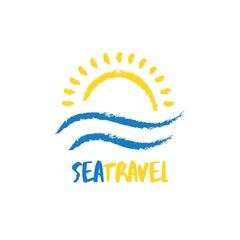 Fototapeta premium Abstract travel agency logo template. Sun with sea waves in sketchy hand drawn style. Sunrise vacation, holiday logotype.