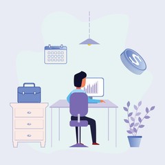 A young businessman uses a laptop while sitting at his desk. Interior of the office workplace. Flat vector illustration.