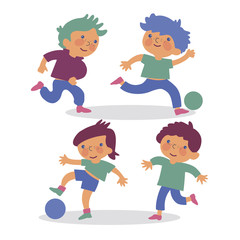 Vector illustration of little boys, boys play soccer. Set of cute soccer players. Kids isolated on a white background. Cartoon Style