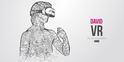 VR headset holographic low poly wireframe banner. Abstract silhouette of the polygonal statue of David, man wearing virtual reality glasses. VR games. Particles, lines on white background, vector