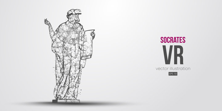 VR headset holographic low poly wireframe banner. Abstract silhouette of the polygonal statue of Socrates, man wearing virtual reality glasses. VR games. Particles, lines on white background, vector