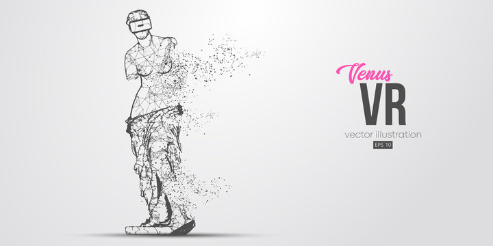 VR headset holographic low poly wireframe banner. Abstract silhouette of the polygonal statue of Venus, woman wearing virtual reality glasses. VR games. Particles, lines on white background, vector