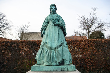 Statue of Queen Caroline Amalie of Augustenburg in Rosenborg Castle Gardens in Copenhagen, Denmark. February 2020